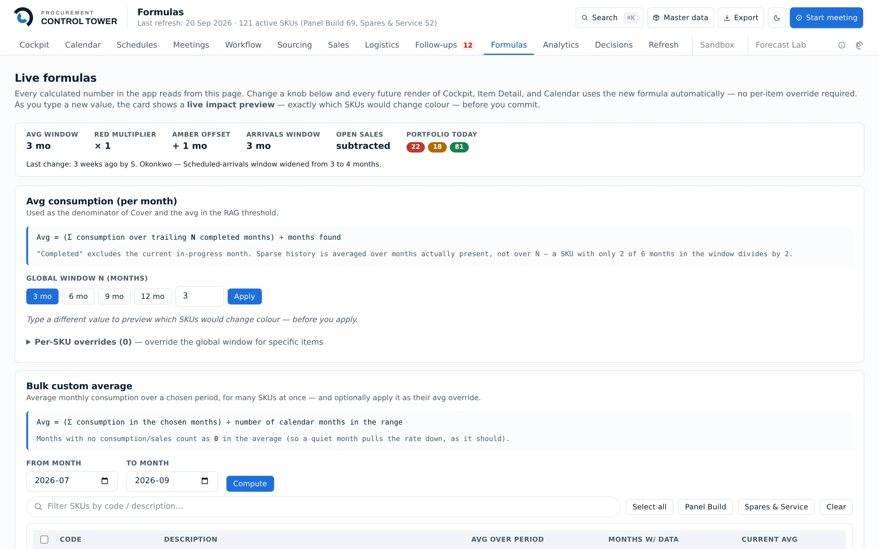 The Formulas screen: the live calculation settings behind every number in the app, each with its current value and an explanation of what it changes.