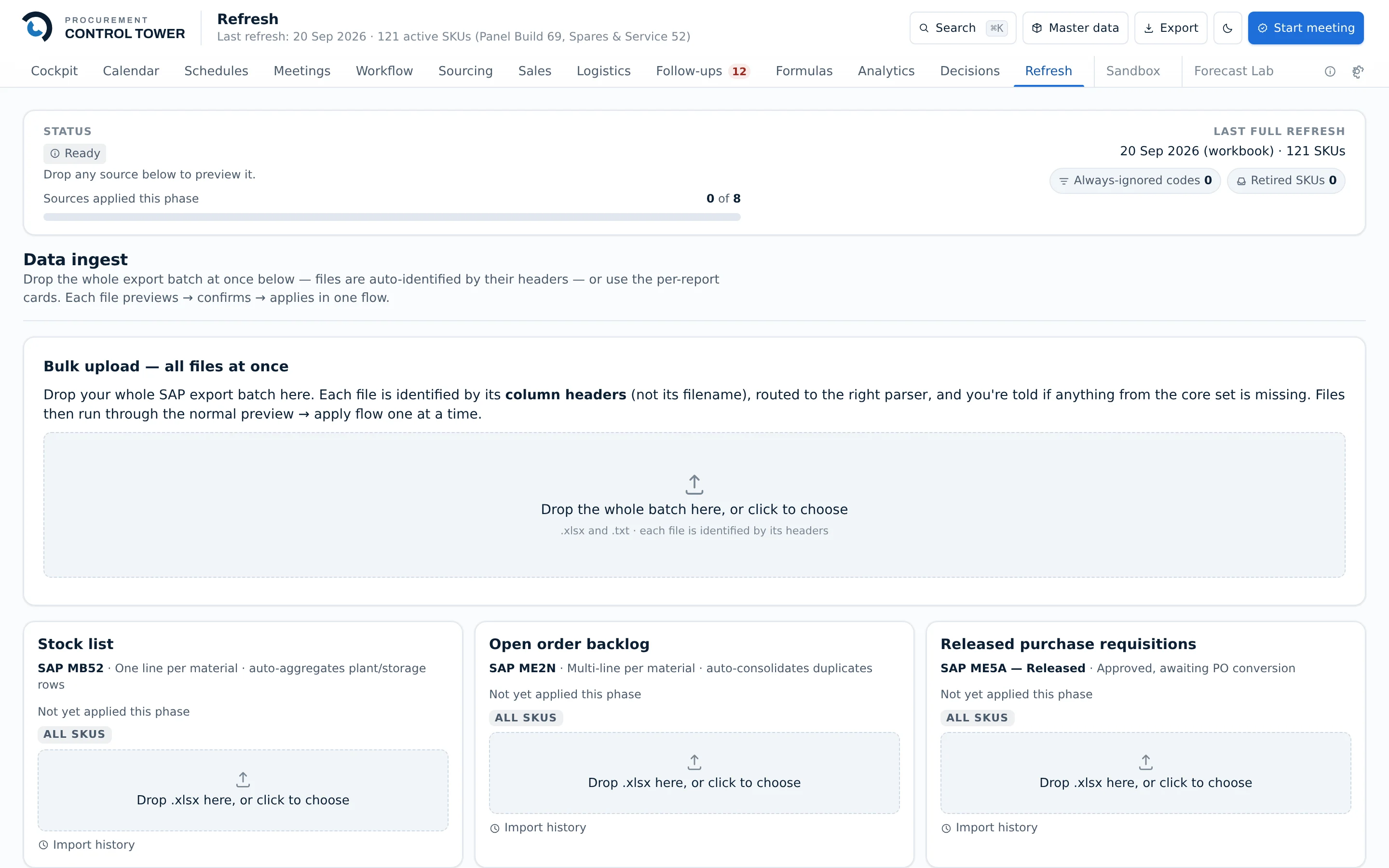 The Refresh screen: each data source listed with when it was last imported and how many records it contained, with a drop area for previewing a new export.