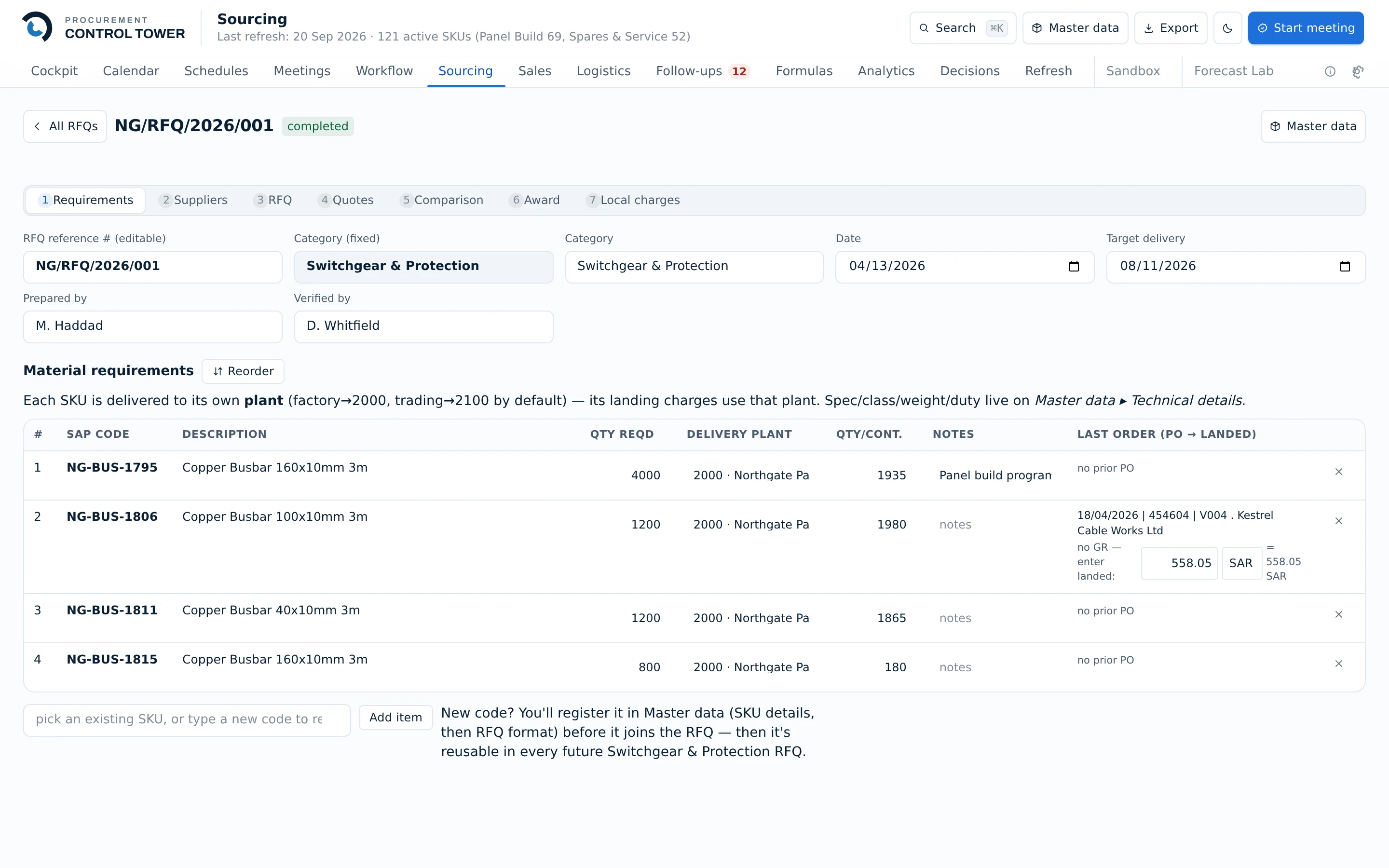 Step one of a sourcing event: the RFQ reference, category, dates and the people who prepared and verified it, above four material requirement lines with quantities, delivery plant, quantity per container and the last purchase order placed for each.